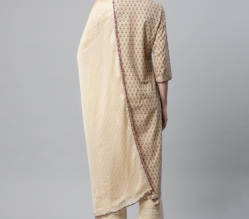 Divena Beige Color Cotton Straight Kurta Pant Set with Dupatta - divena world