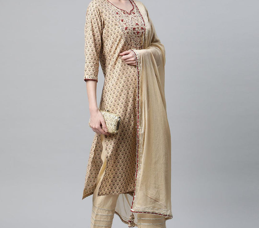 Divena Beige Color Cotton Straight Kurta Pant Set with Dupatta - divena world