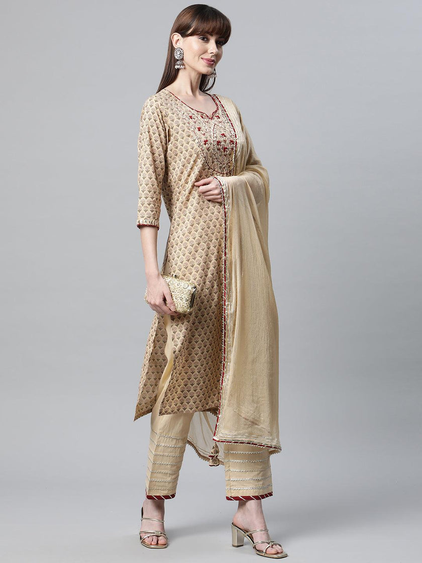 Divena Beige Color Cotton Straight Kurta Pant Set with Dupatta - divena world