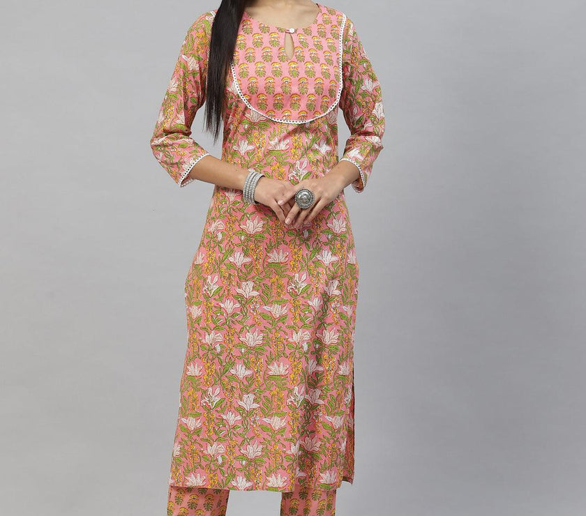 Divena Pink Floral Cotton Kurta Pant Set - divena world