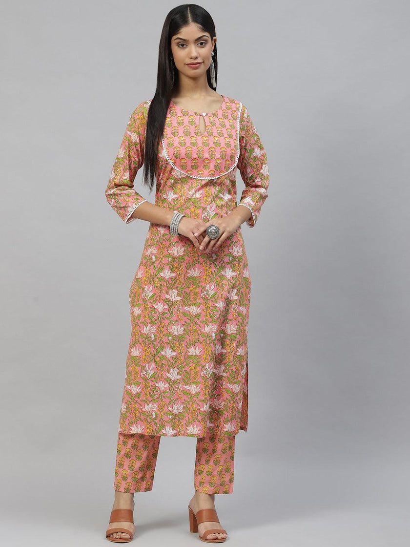 Divena Pink Floral Cotton Kurta Pant Set - divena world