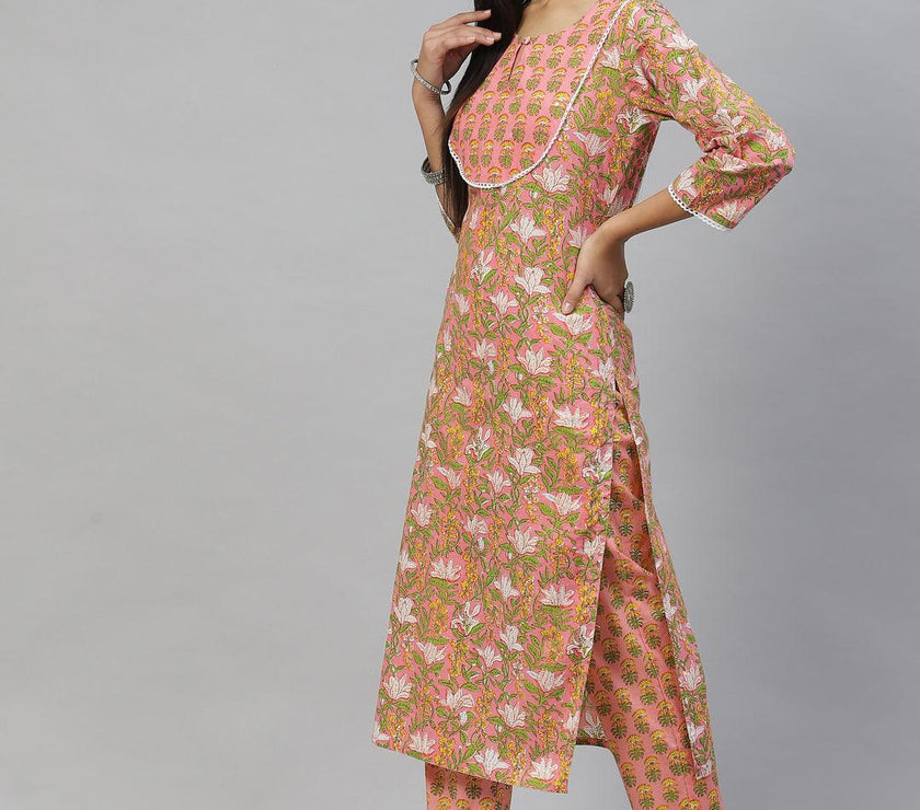 Divena Pink Floral Cotton Kurta Pant Set - divena world