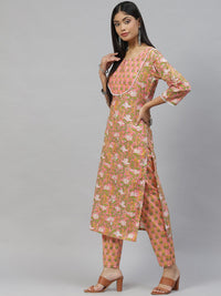 Divena Pink Floral Cotton Kurta Pant Set - divena world