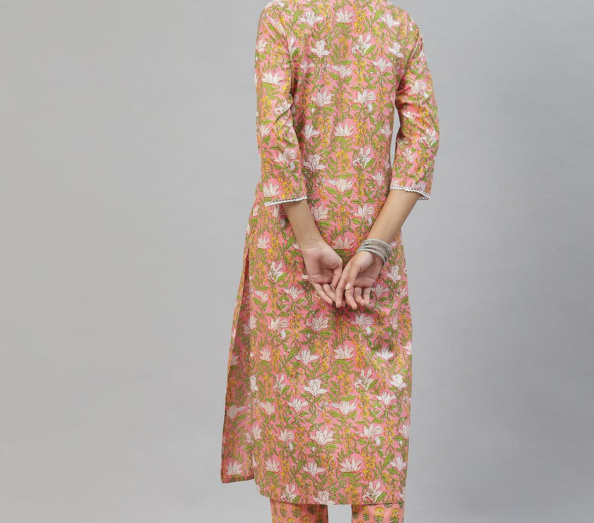 Divena Pink Floral Cotton Kurta Pant Set - divena world