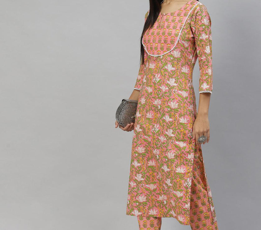 Divena Pink Floral Cotton Kurta Pant Set - divena world