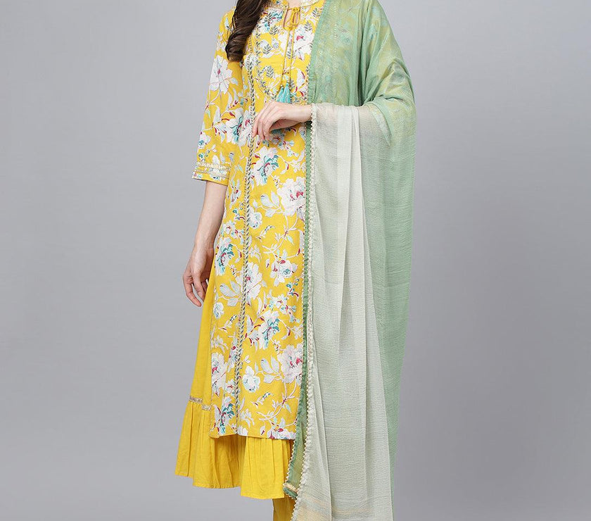 Divena Yellow Cotton Kurta Pant Set with Nazneen Dupatta - divena world