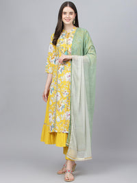 Divena Yellow Cotton Kurta Pant Set with Nazneen Dupatta - divena world