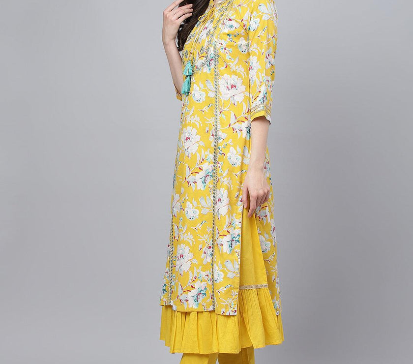 Divena Yellow Cotton Kurta Pant Set with Nazneen Dupatta - divena world