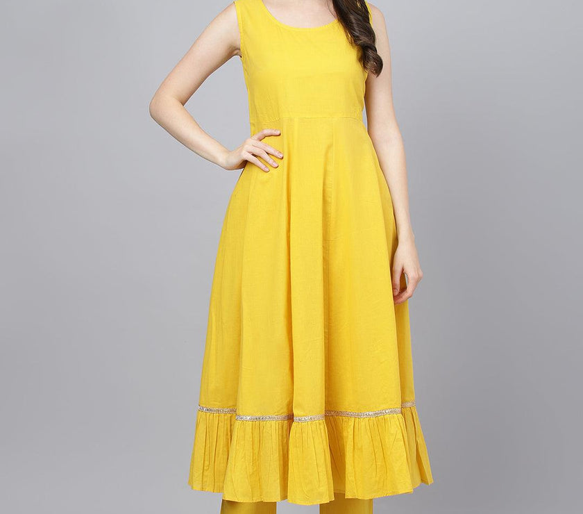 Divena Yellow Cotton Kurta Pant Set with Nazneen Dupatta - divena world