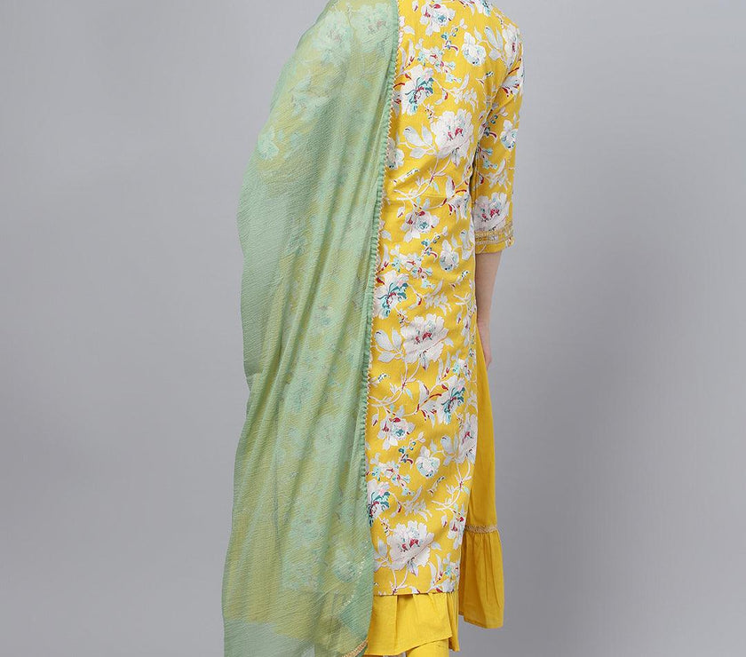 Divena Yellow Cotton Kurta Pant Set with Nazneen Dupatta - divena world