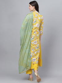 Divena Yellow Cotton Kurta Pant Set with Nazneen Dupatta - divena world