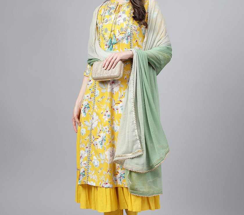 Divena Yellow Cotton Kurta Pant Set with Nazneen Dupatta - divena world