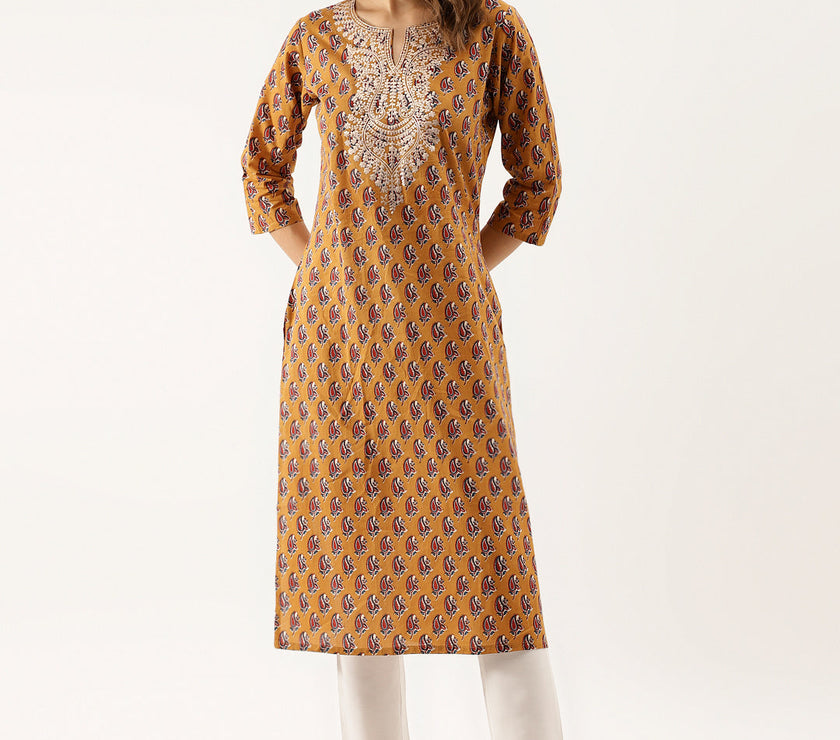 Divena Brown Floral Printed Cotton Zari Work Kurta for Women