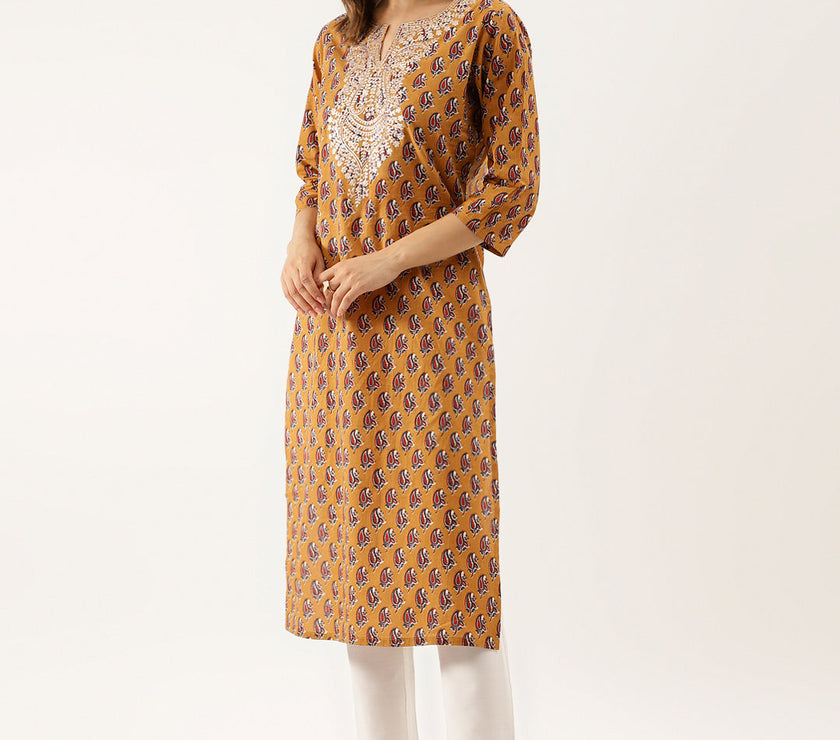 Divena Brown Floral Printed Cotton Zari Work Kurta for Women