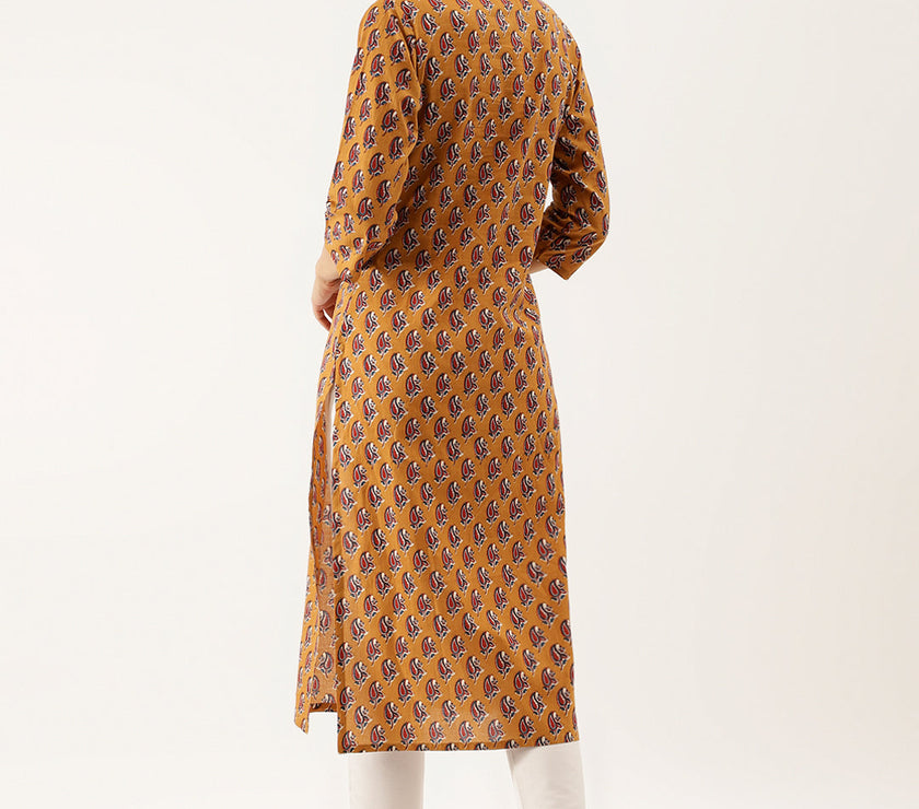 Divena Brown Floral Printed Cotton Zari Work Kurta for Women