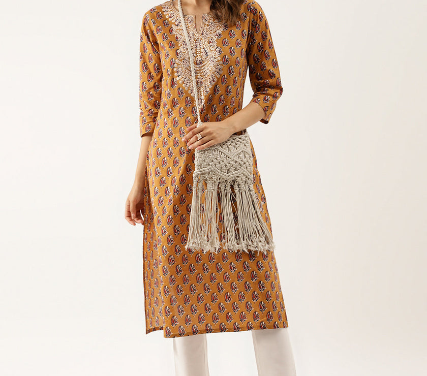 Divena Brown Floral Printed Cotton Zari Work Kurta for Women