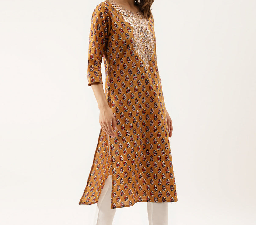 Divena Brown Floral Printed Cotton Zari Work Kurta for Women