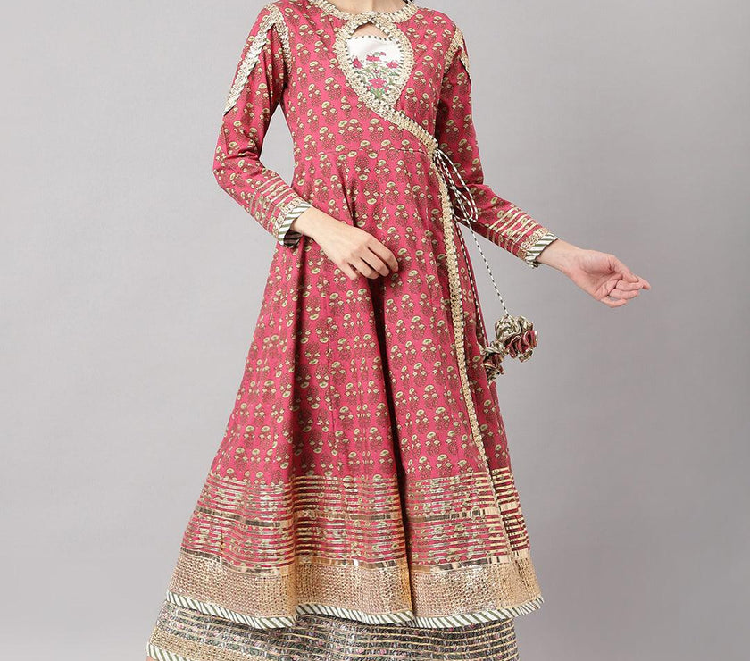 Divena Dark Pink Floral Cotton Anarkali Kurta with Jecket - divena world