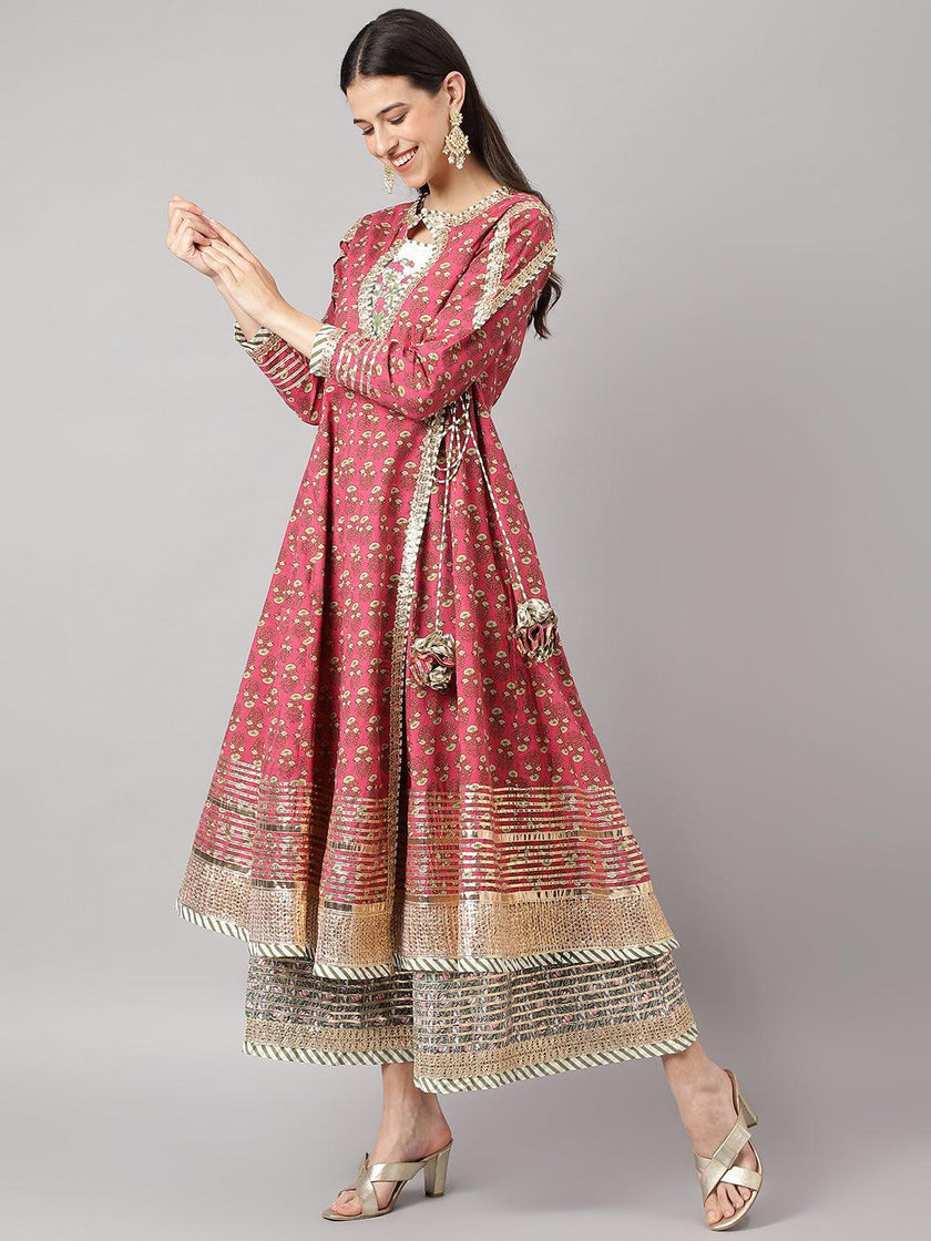 Divena Dark Pink Floral Cotton Anarkali Kurta with Jecket - divena world