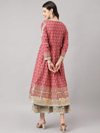 Divena Dark Pink Floral Cotton Anarkali Kurta with Jecket - divena world