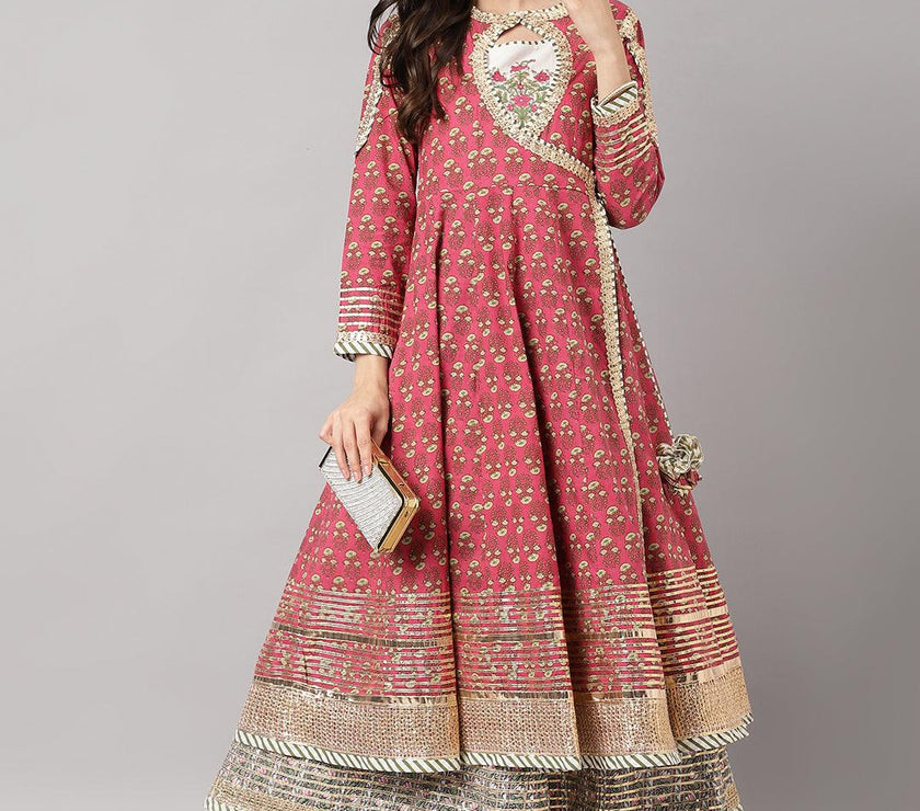 Divena Dark Pink Floral Cotton Anarkali Kurta with Jecket - divena world