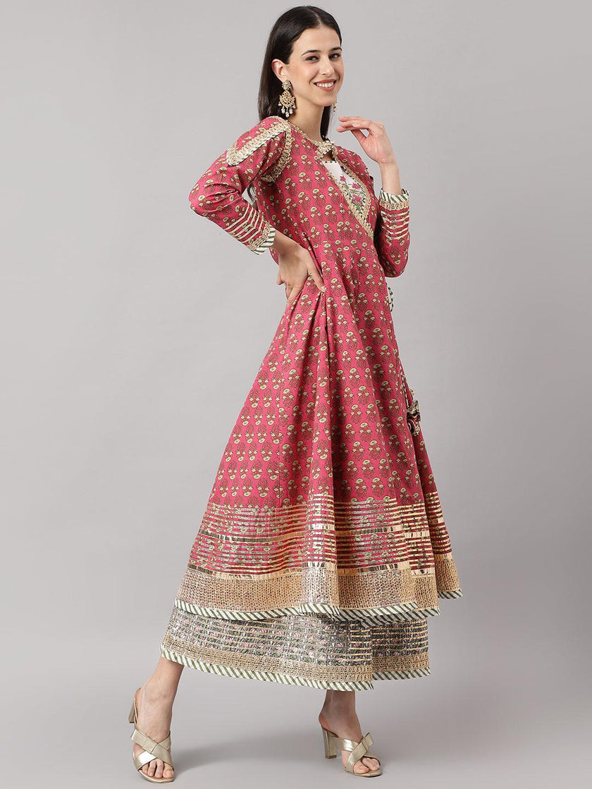 Divena Dark Pink Floral Cotton Anarkali Kurta with Jecket - divena world