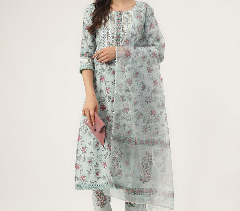 Divena Skyblue Hand Block Cotton Straight pant set with Organza Dupatta - divena world