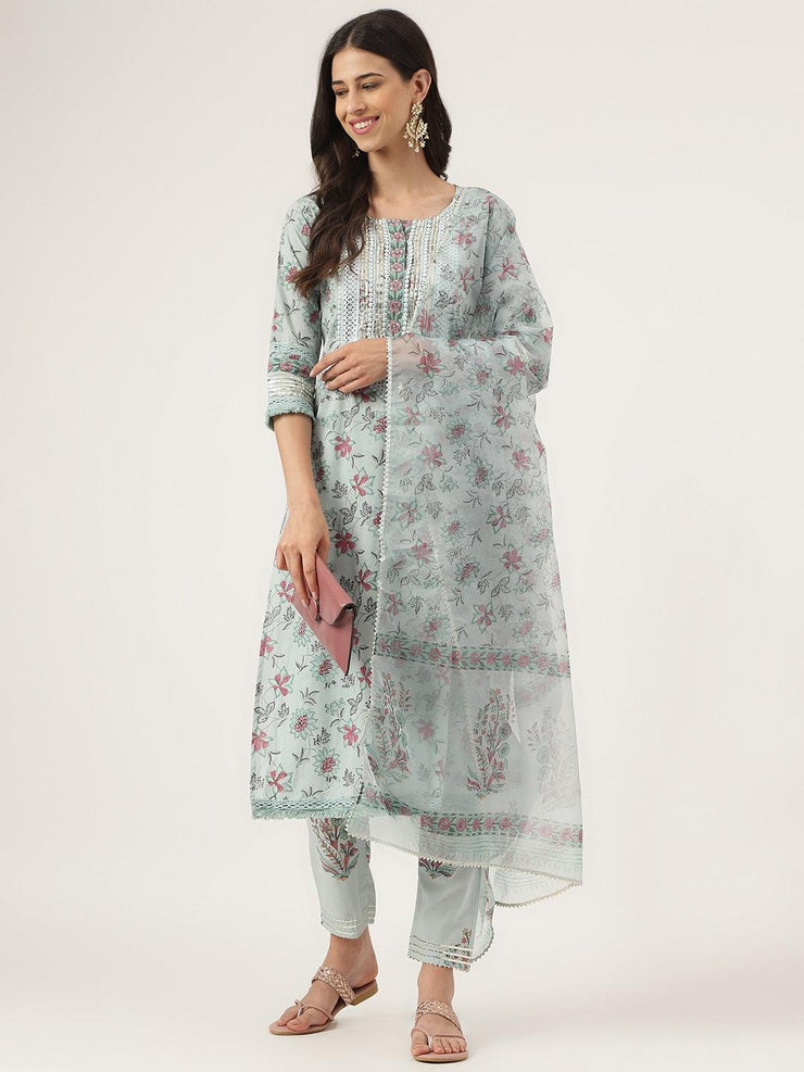 Divena Skyblue Hand Block Cotton Straight pant set with Organza Dupatta - divena world