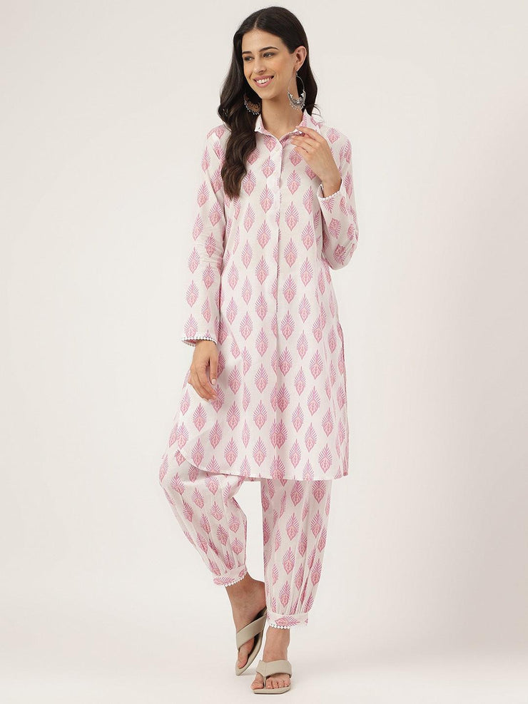 Divena White Cotton Straight Kurta Hem Cuffed Pant set - divena world