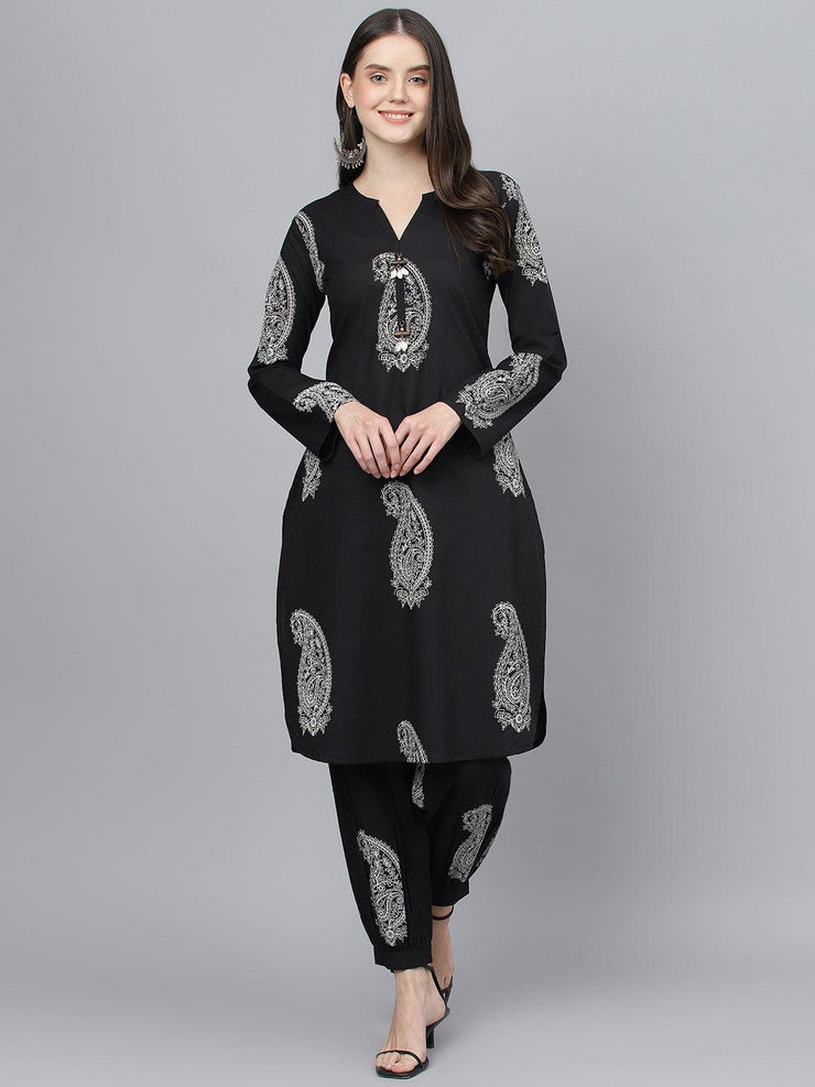 Divena Black Cotton Straight Kurta Hem Cuffed Pant set - divena world