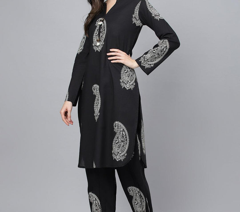 Divena Black Cotton Straight Kurta Hem Cuffed Pant set - divena world