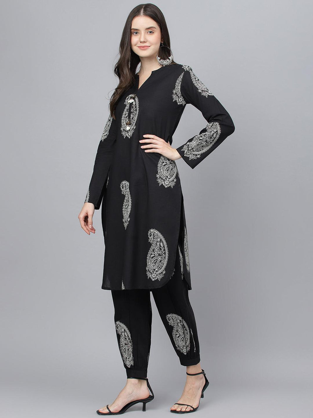 Divena Black Cotton Straight Kurta Hem Cuffed Pant set - divena world