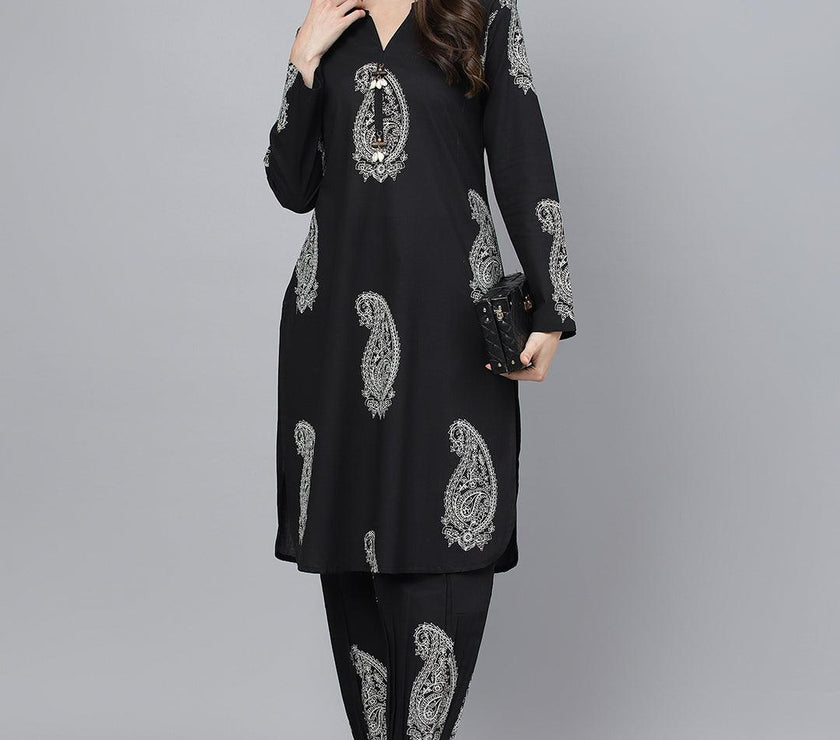 Divena Black Cotton Straight Kurta Hem Cuffed Pant set - divena world