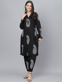 Divena Black Cotton Straight Kurta Hem Cuffed Pant set - divena world