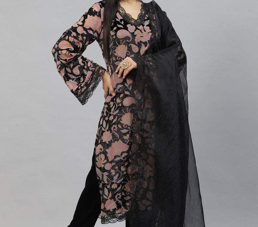 Divena Black Burn out Velvet Kurta Haram Pant with Organza Dupatta - divena world