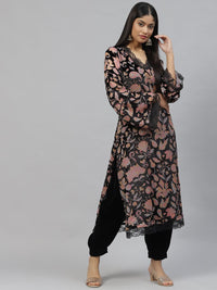 Divena Black Burn out Velvet Kurta Haram Pant with Organza Dupatta - divena world