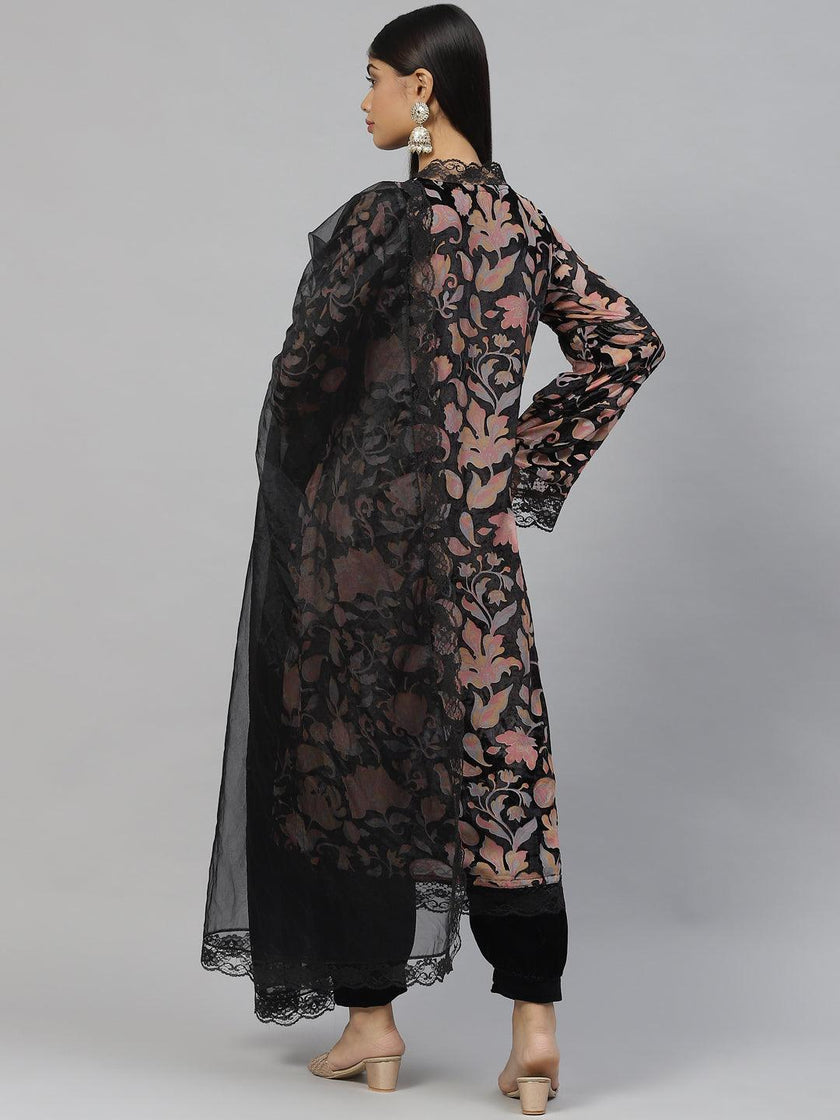 Divena Black Burn out Velvet Kurta Harem Pant with Organza Dupatta - divena world