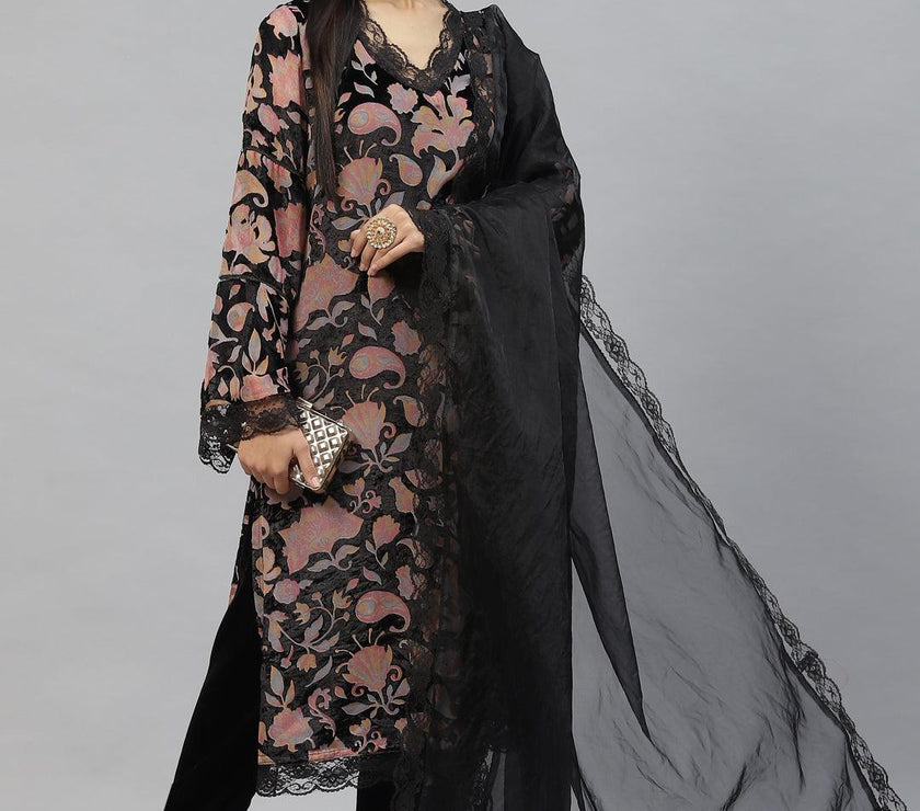 Divena Black Burn out Velvet Kurta Haram Pant with Organza Dupatta - divena world