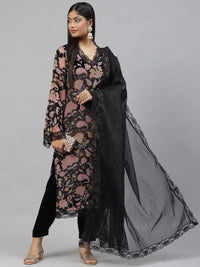 Divena Black Burn out Velvet Kurta Haram Pant with Organza Dupatta - divena world