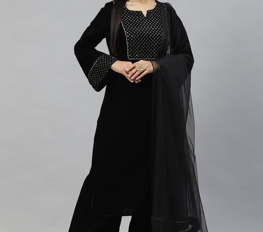 Divena Black Velvet hand work Kurta pant With Net Dupatta set - divena world