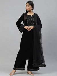 Divena Black Velvet hand work Kurta pant With Net Dupatta set - divena world