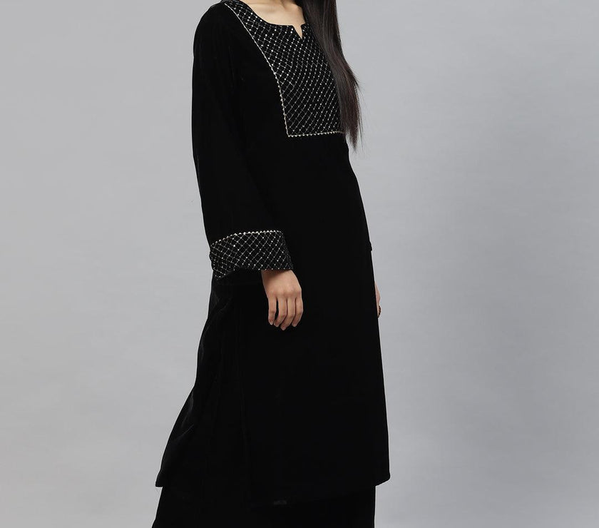 Divena Black Velvet hand work Kurta pant With Net Dupatta set - divena world