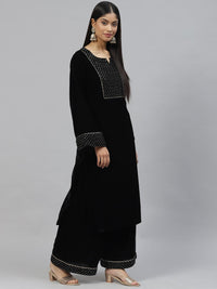 Divena Black Velvet hand work Kurta pant With Net Dupatta set - divena world