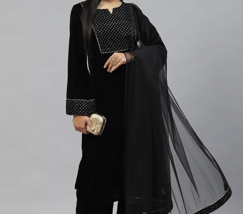 Divena Black Velvet hand work Kurta pant With Net Dupatta set - divena world