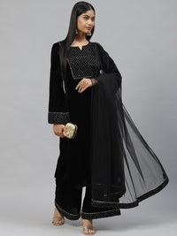 Divena Black Velvet hand work Kurta pant With Net Dupatta set - divena world