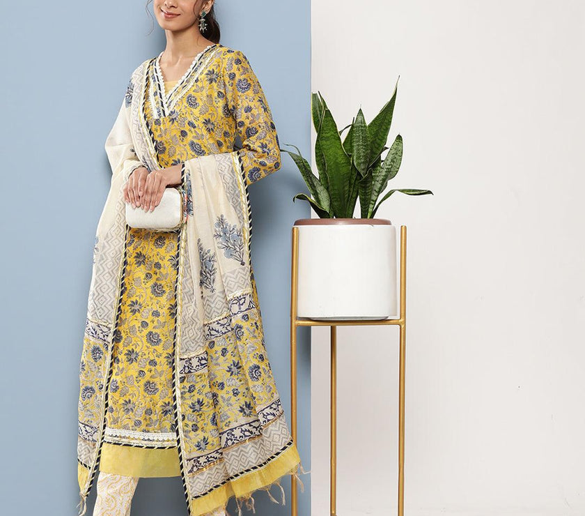 Divena Yellow Pure Chanderi Kurta Pant Set with Dupatta - divena world