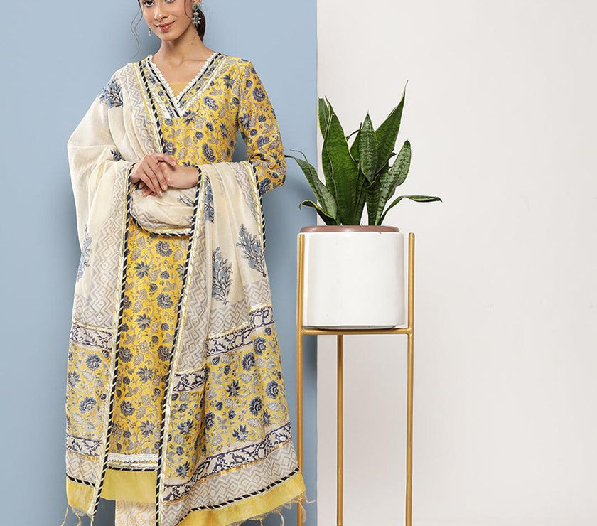 Divena Yellow Pure Chanderi Kurta Pant Set with Dupatta - divena world