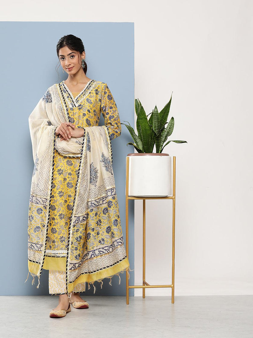 Divena Yellow Pure Chanderi Kurta Pant Set with Dupatta - divena world