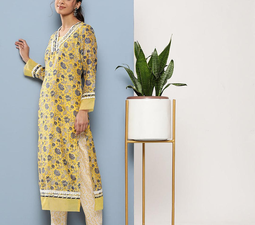 Divena Yellow Pure Chanderi Kurta Pant Set with Dupatta - divena world