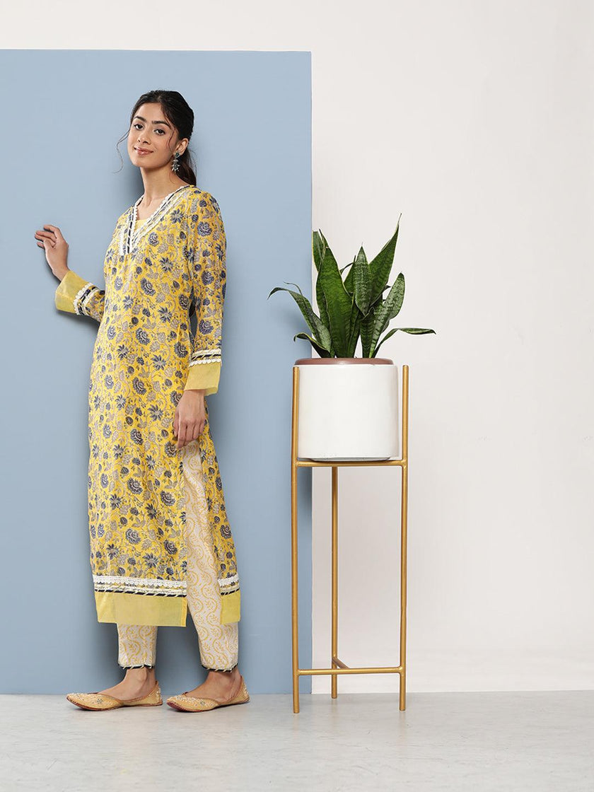 Divena Yellow Pure Chanderi Kurta Pant Set with Dupatta - divena world